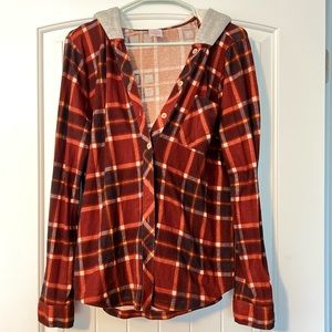 Long Sleeve Flannel Shirt With Fleece Lined Hood